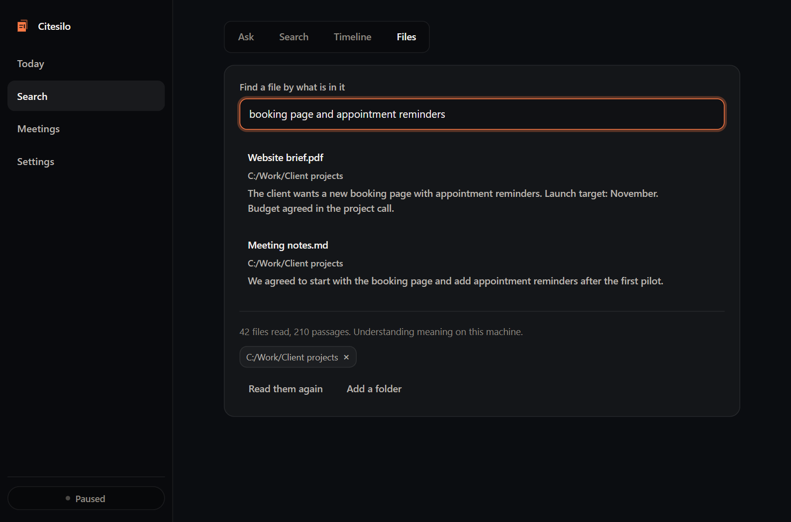 Actual CiteSilo file search interface with example results for booking pages and appointment reminders